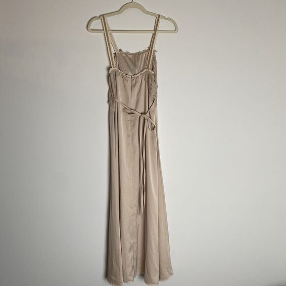 Fairy Goddess Dress Fairytale Ethereal Gown Tan Pleated Bows Romantic Small Midi - Picture 2 of 16